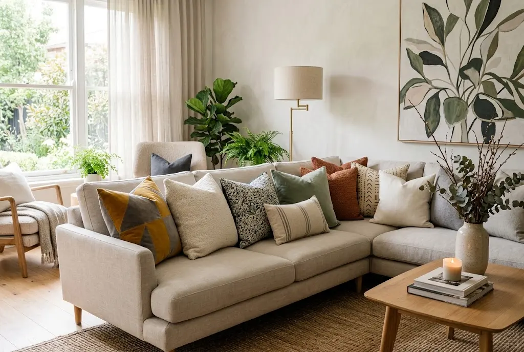 Where to Shop for the Best Throw Pillows? Stylish throw pillows in different colours patterns and textures on a modern sofa