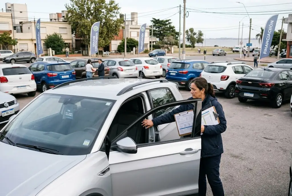 Buyer inspecting a used car at a dealership in Uruguay