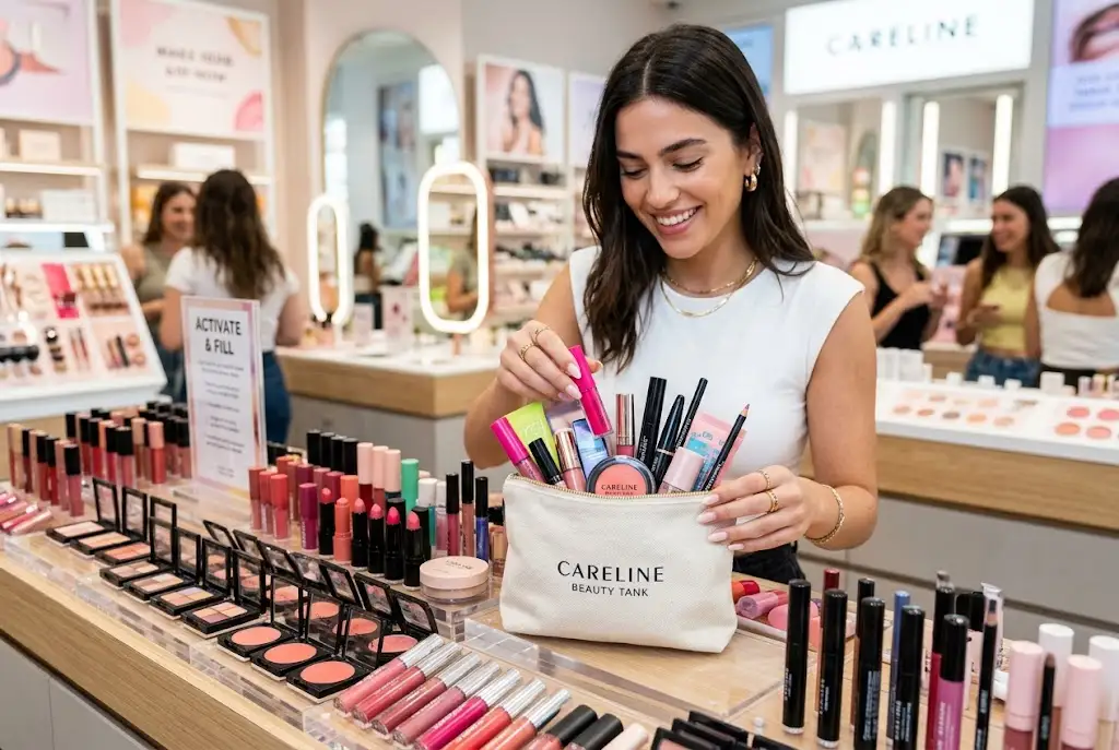 Careline Beauty Tank makeup products and beauty pouch