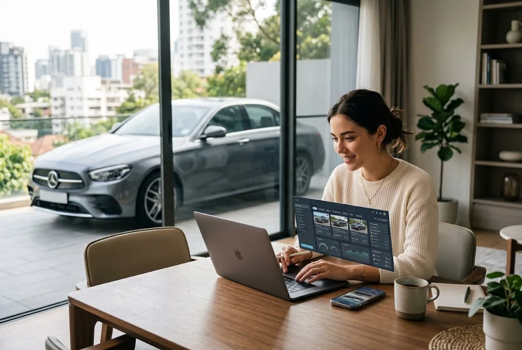 Car buyer comparing vehicle listings online using a laptop