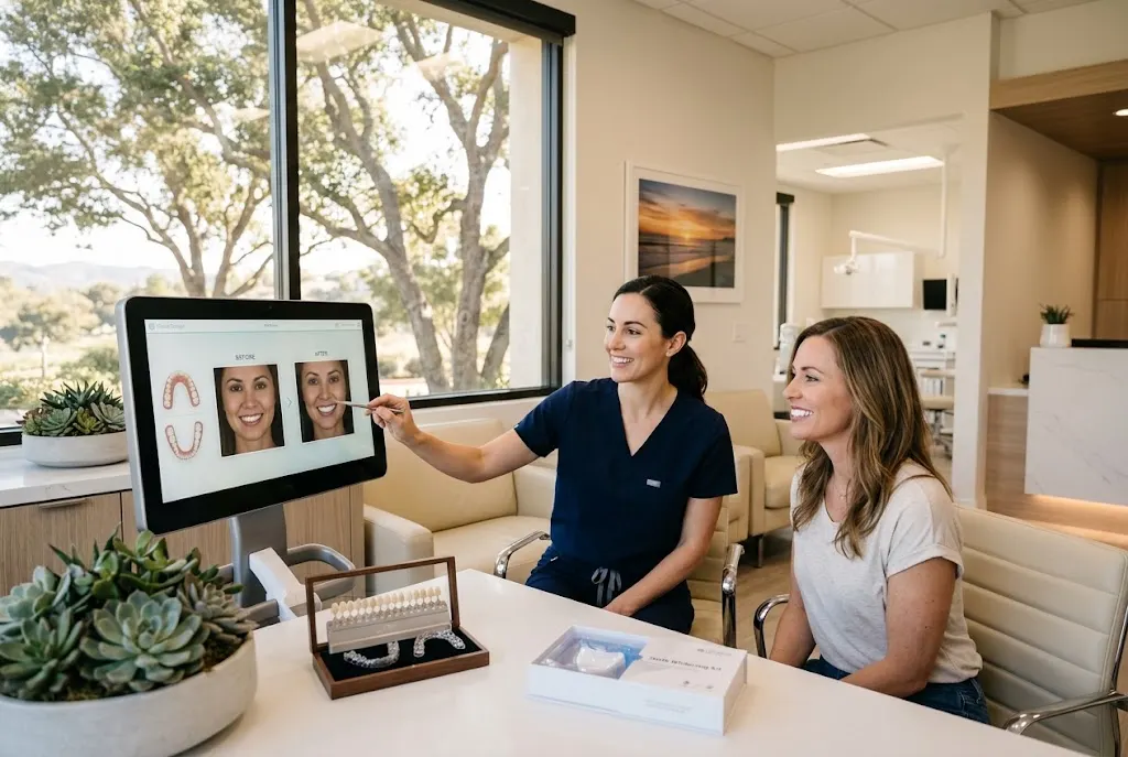 Cosmetic dentist consulting with a patient about smile enhancement