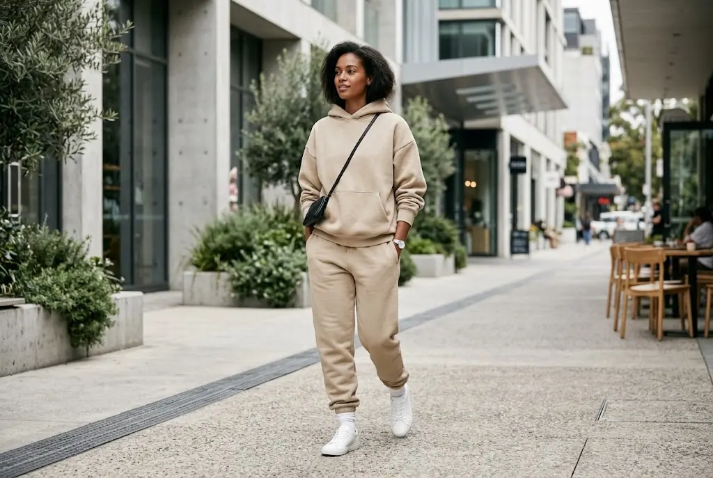 Elevate Your Wardrobe with the Essentials Hoodie and Tracksuit Stylish adult wearing a neutral Essentials hoodie and matching tracksuit