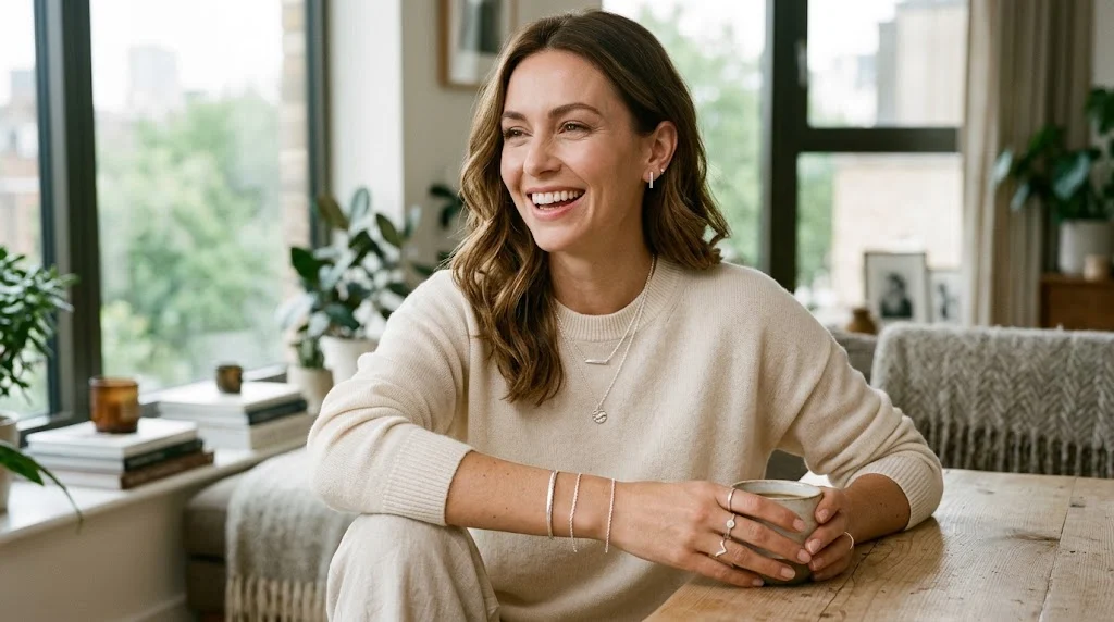 What Are the Best Options of Everyday Silver Jewelry? Woman wearing minimalist everyday silver jewelry including earrings necklace bracelet and rings