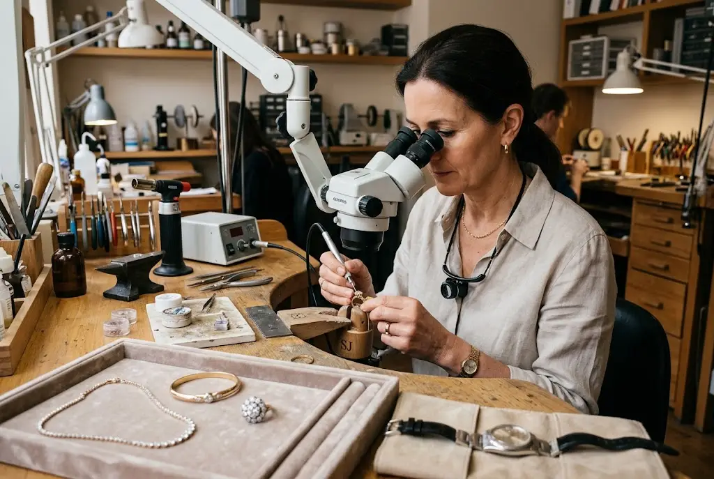 Professional jeweler performing jewelry repairs on a gemstone ring