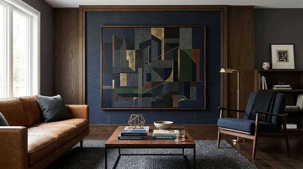 Art for Gentlemen: Creating a Masculine Space with the Right Art Pieces Sophisticated masculine wall art in a modern gentleman's living room