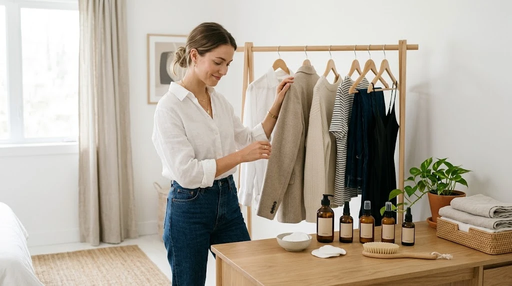 Minimalist skincare products and sustainable capsule wardrobe