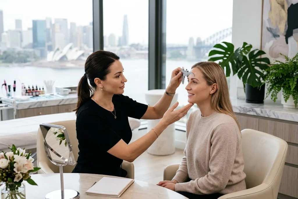 Cosmetic tattoo specialist consulting with a client about natural-looking beauty treatment