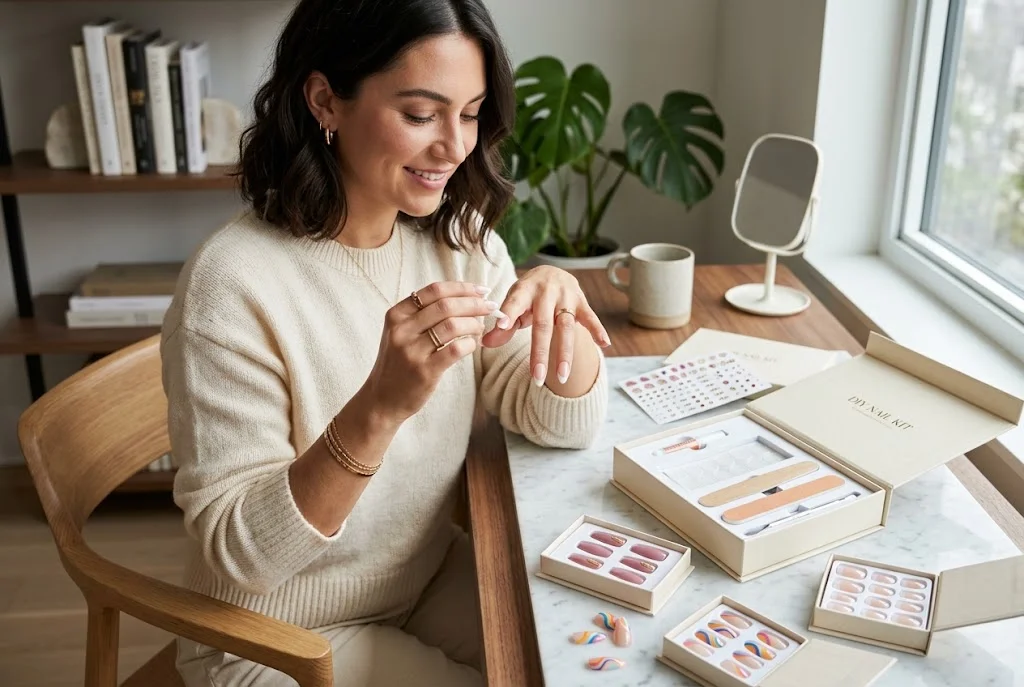 Woman applying press on nails with a DIY nail kit at home