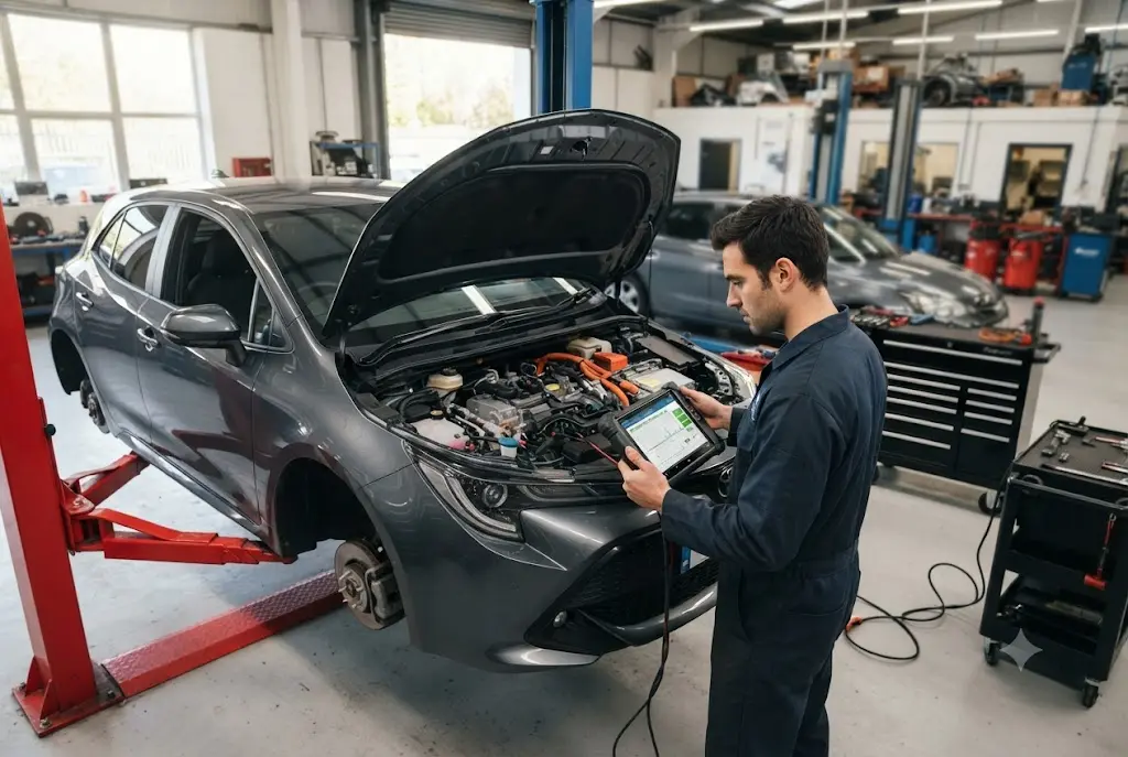 Hybrid servicing and maintenance being carried out on a hybrid vehicle in the UK