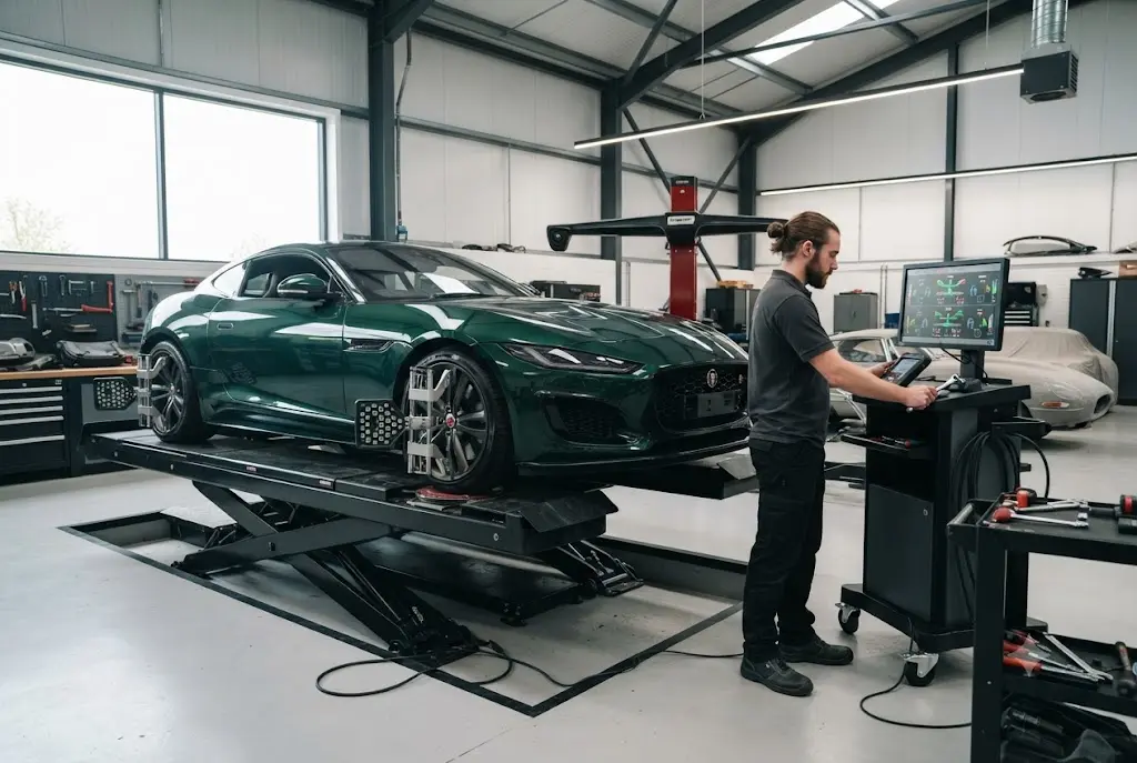 Wheel alignment being checked on a vehicle in a UK automotive workshop