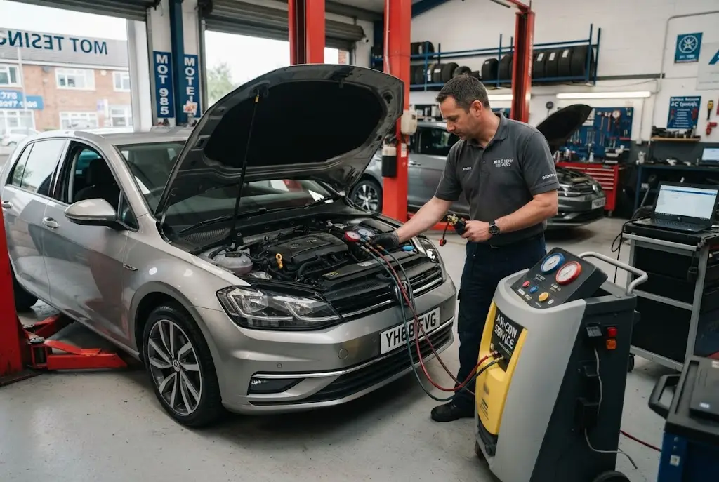 Auto air conditioning service being carried out on a modern car in a professional workshop
