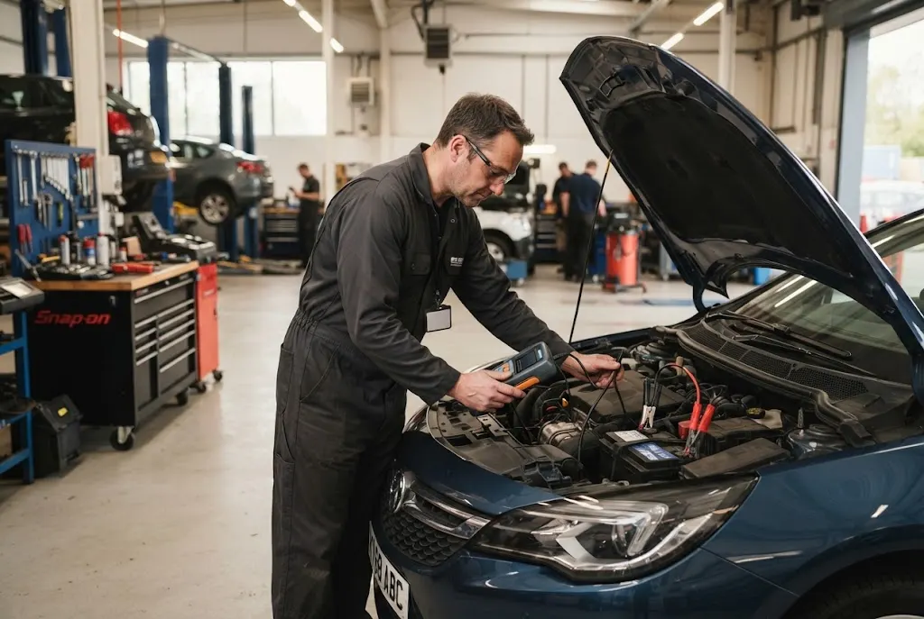 Auto battery service and battery testing on a modern car in a professional workshop
