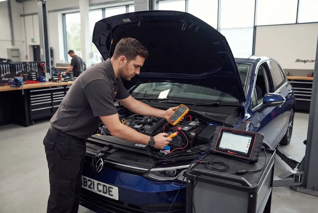 Auto electrical services technician diagnosing a modern car electrical system