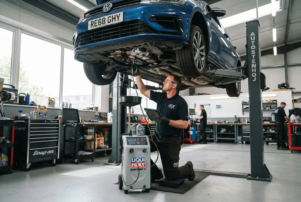 Auto transmission service being carried out on a modern vehicle in a professional workshop