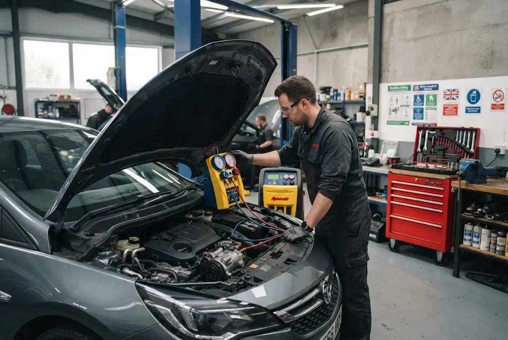 Car air conditioning repair being performed on a modern vehicle in a professional workshop