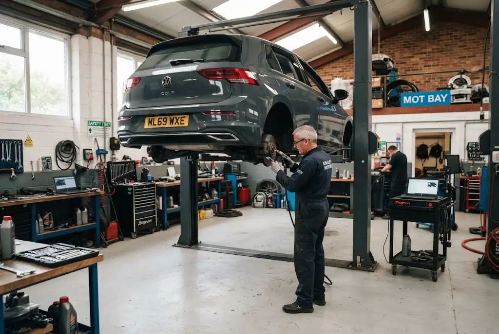 Auto garage workshop with a mechanic inspecting a vehicle in the UK