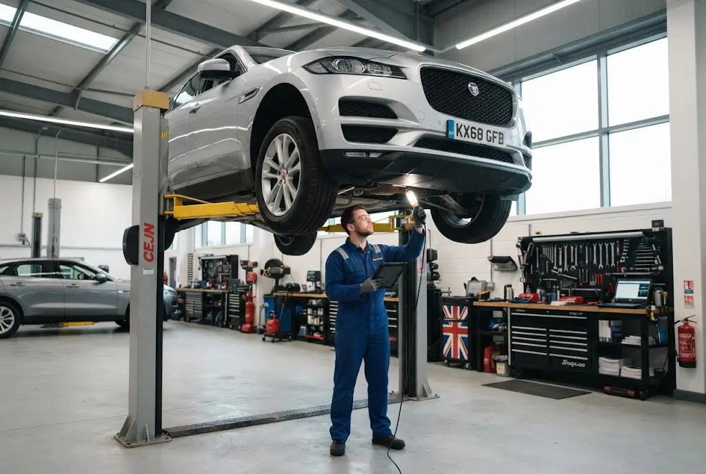 Car service plans being used for scheduled vehicle maintenance in a UK garage
