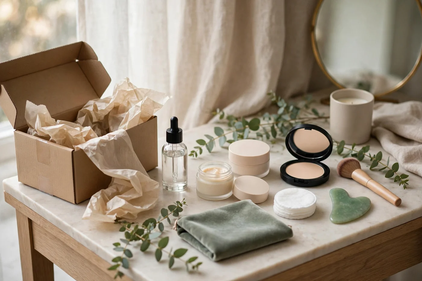 Shopping for cult beauty products online in the UK, with skincare, makeup and a delivery box