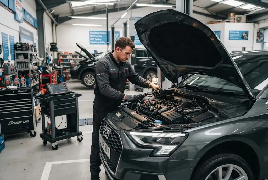 Preventive maintenance inspection being carried out on a vehicle in a UK garage